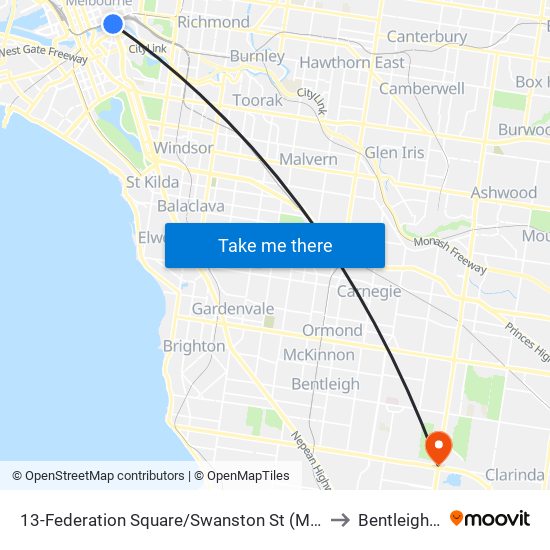 13-Federation Square/Swanston St (Melbourne City) to Bentleigh East map