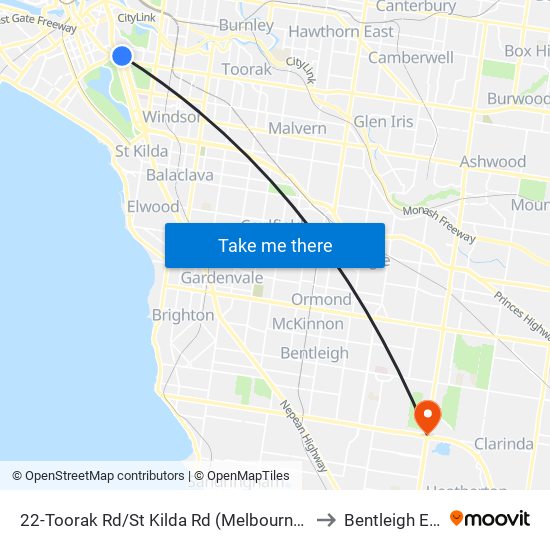22-Toorak Rd/St Kilda Rd (Melbourne City) to Bentleigh East map