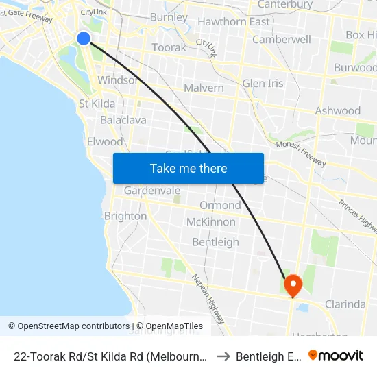 Toorak Rd/St Kilda Rd #22 to Bentleigh East map