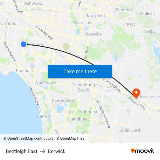 Bentleigh East to Berwick map