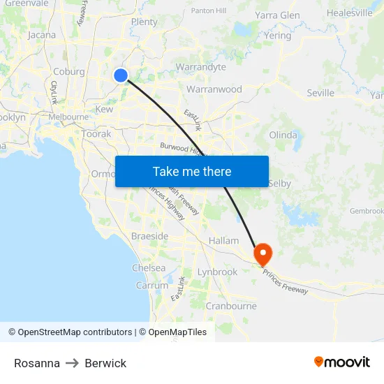 Rosanna to Berwick map