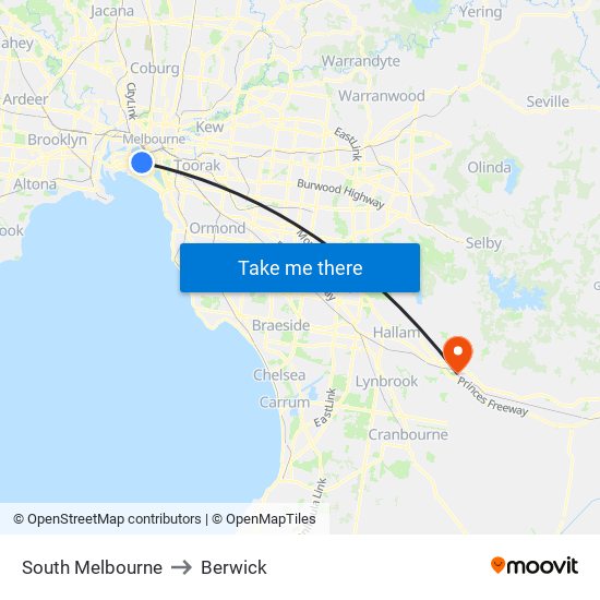 South Melbourne to Berwick map