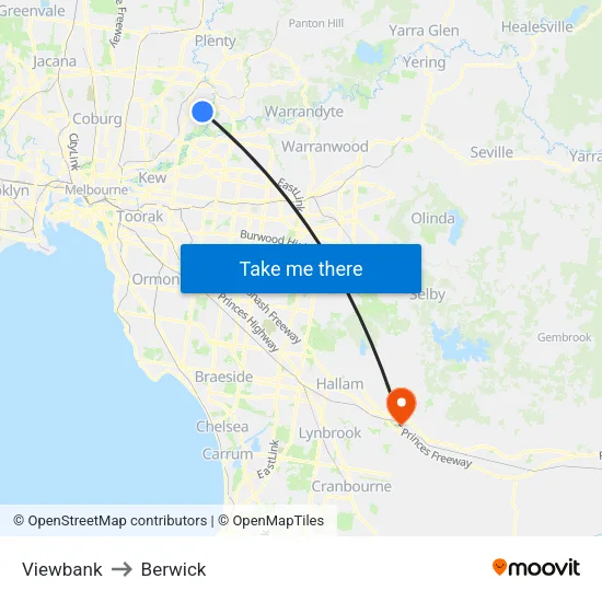 Viewbank to Berwick map