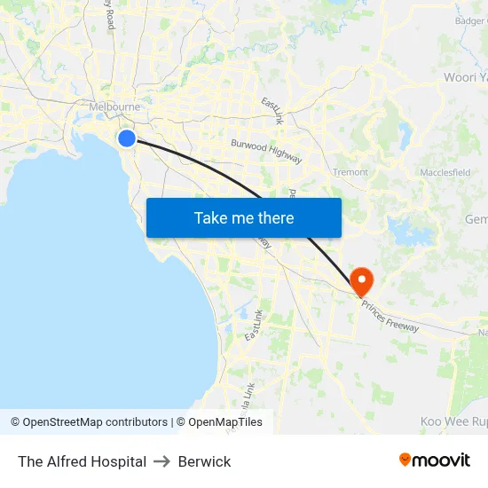 The Alfred Hospital to Berwick map