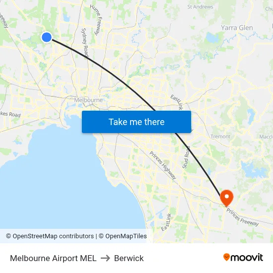 Melbourne Airport MEL to Berwick map