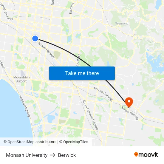 Monash University to Berwick map