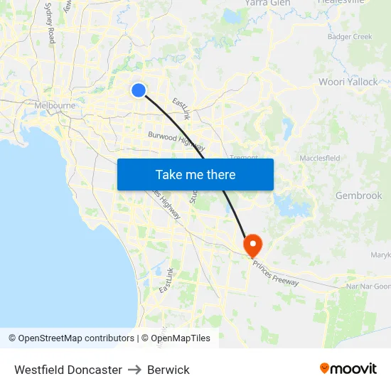 Westfield Doncaster to Berwick map