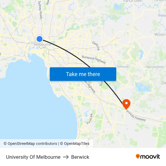 University Of Melbourne to Berwick map