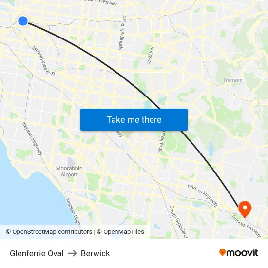Glenferrie Oval to Berwick map