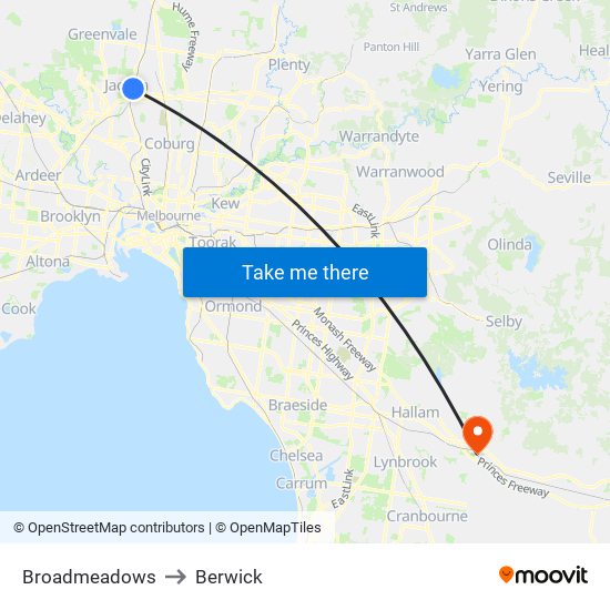 Broadmeadows to Berwick map