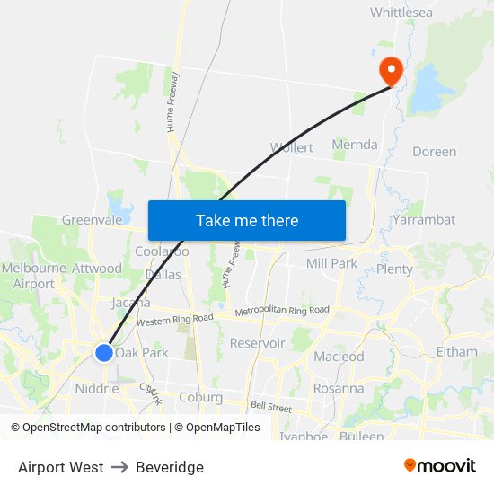 Airport West to Beveridge map