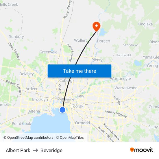 Albert Park to Beveridge map