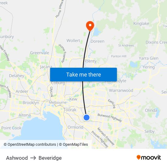 Ashwood to Beveridge map