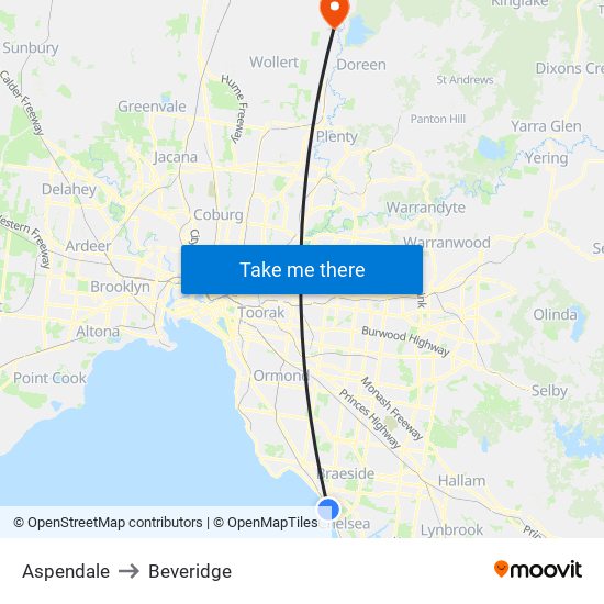 Aspendale to Beveridge map