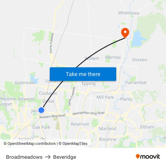 Broadmeadows to Beveridge map