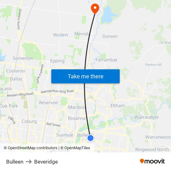 Bulleen to Beveridge map