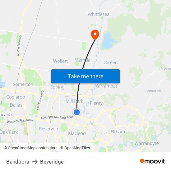 Bundoora to Beveridge map