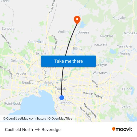 Caulfield North to Beveridge map