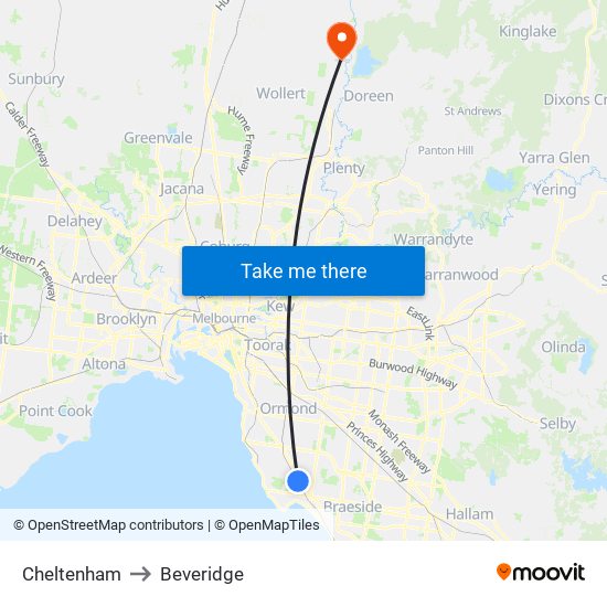 Cheltenham to Beveridge map