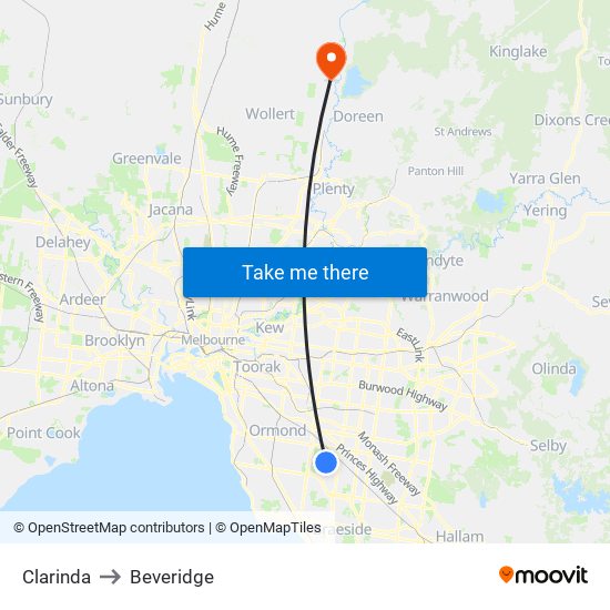 Clarinda to Beveridge map