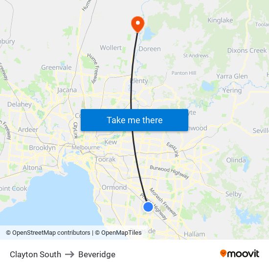 Clayton South to Beveridge map