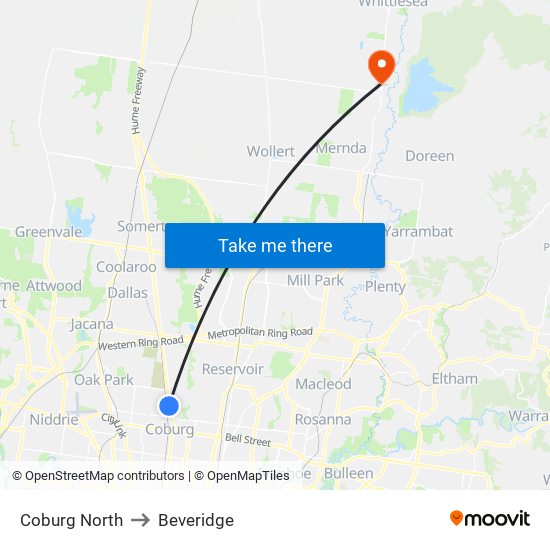 Coburg North to Beveridge map