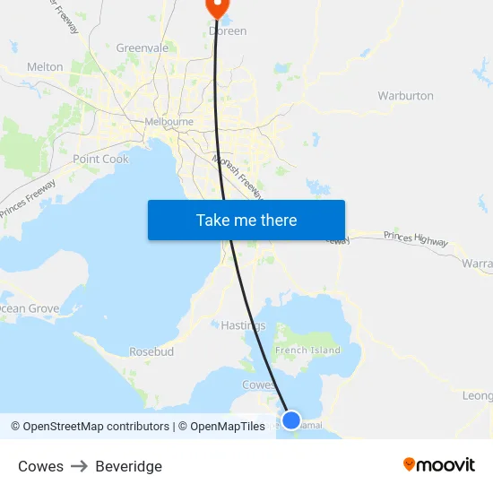 Cowes to Beveridge map