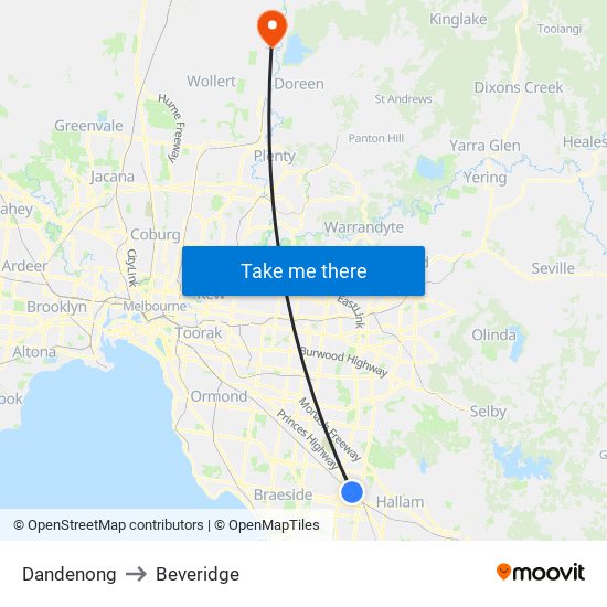 Dandenong to Beveridge map