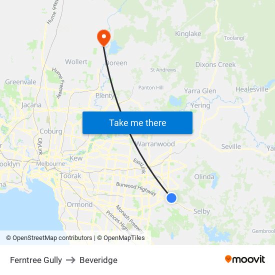 Ferntree Gully to Beveridge map