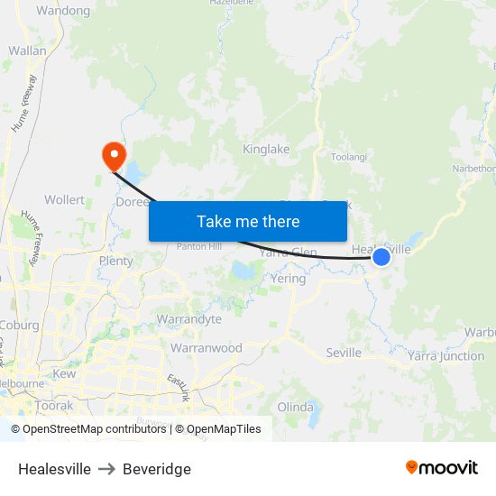 Healesville to Beveridge map