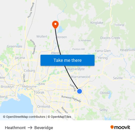 Heathmont to Beveridge map