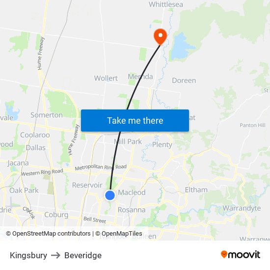 Kingsbury to Beveridge map