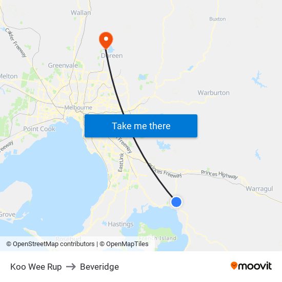 Koo Wee Rup to Beveridge map