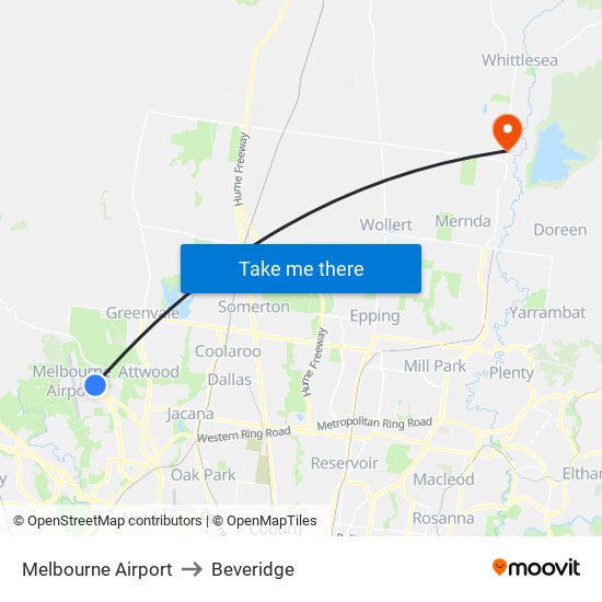 Melbourne Airport to Beveridge map