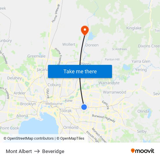 Mont Albert to Beveridge map