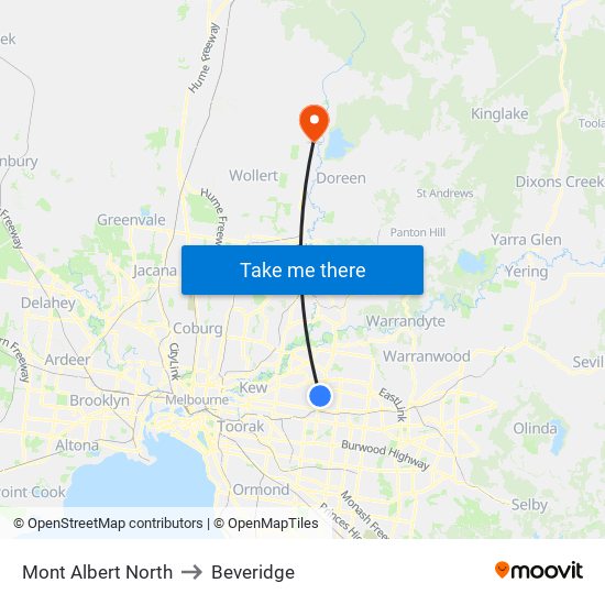 Mont Albert North to Beveridge map