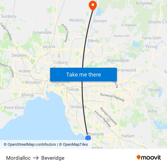 Mordialloc to Beveridge map