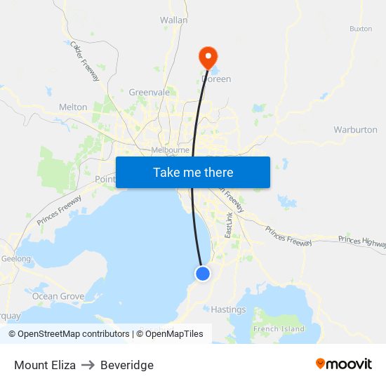 Mount Eliza to Beveridge map