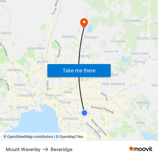 Mount Waverley to Beveridge map