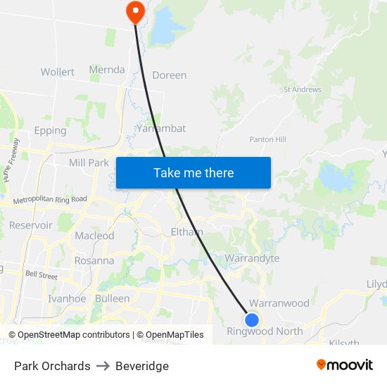 Park Orchards to Beveridge map