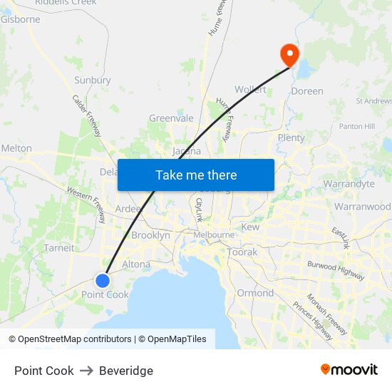 Point Cook to Beveridge map