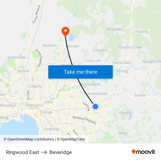 Ringwood East to Beveridge map