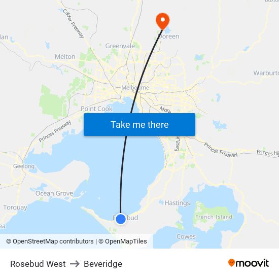 Rosebud West to Beveridge map