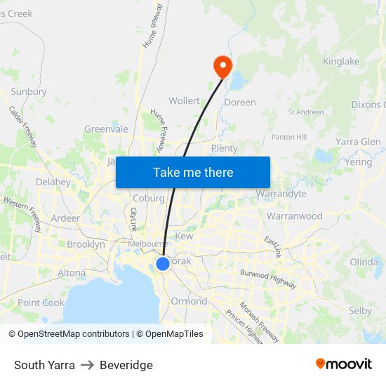 South Yarra to Beveridge map