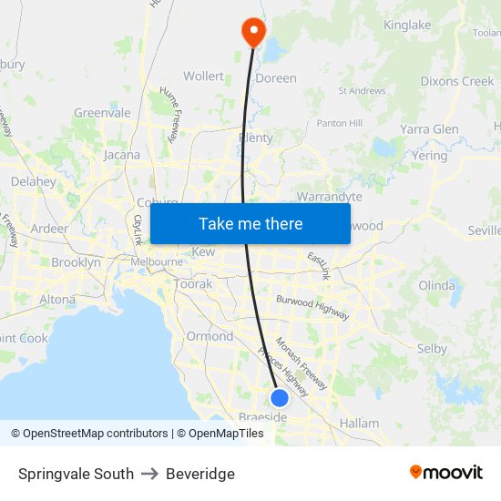 Springvale South to Beveridge map