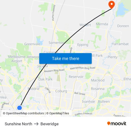 Sunshine North to Beveridge map