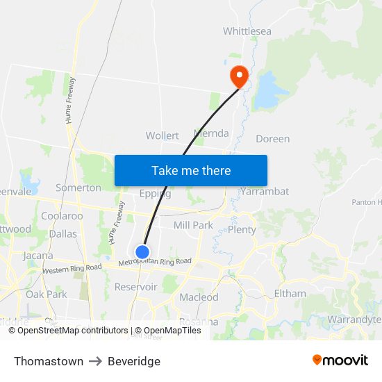 Thomastown to Beveridge map