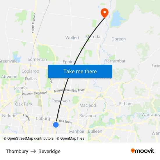 Thornbury to Beveridge map