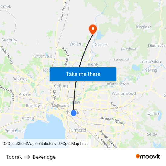 Toorak to Beveridge map