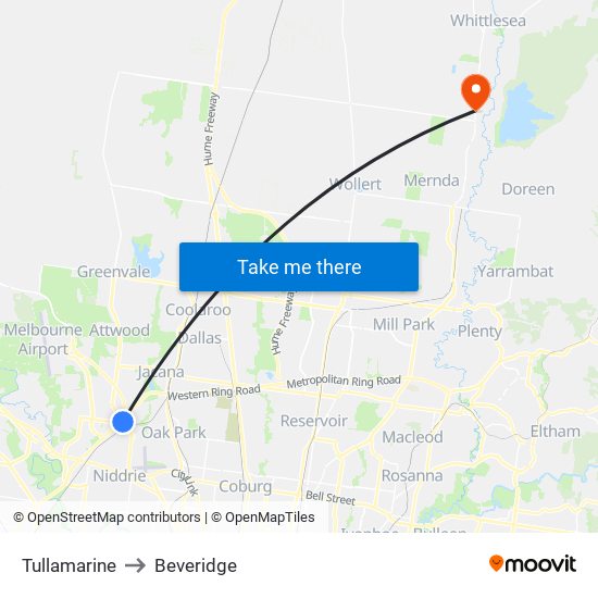 Tullamarine to Beveridge map